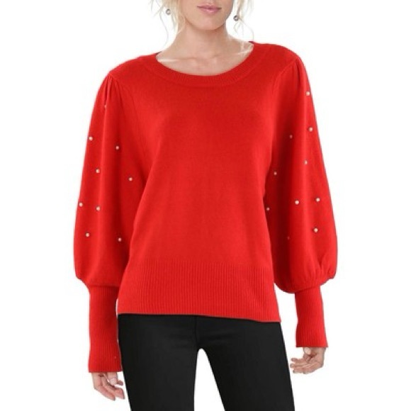 CeCe Red Knit Sweater L Pearl Embellished Sleeve Pullover Feminine Holiday Soft - Picture 1 of 5